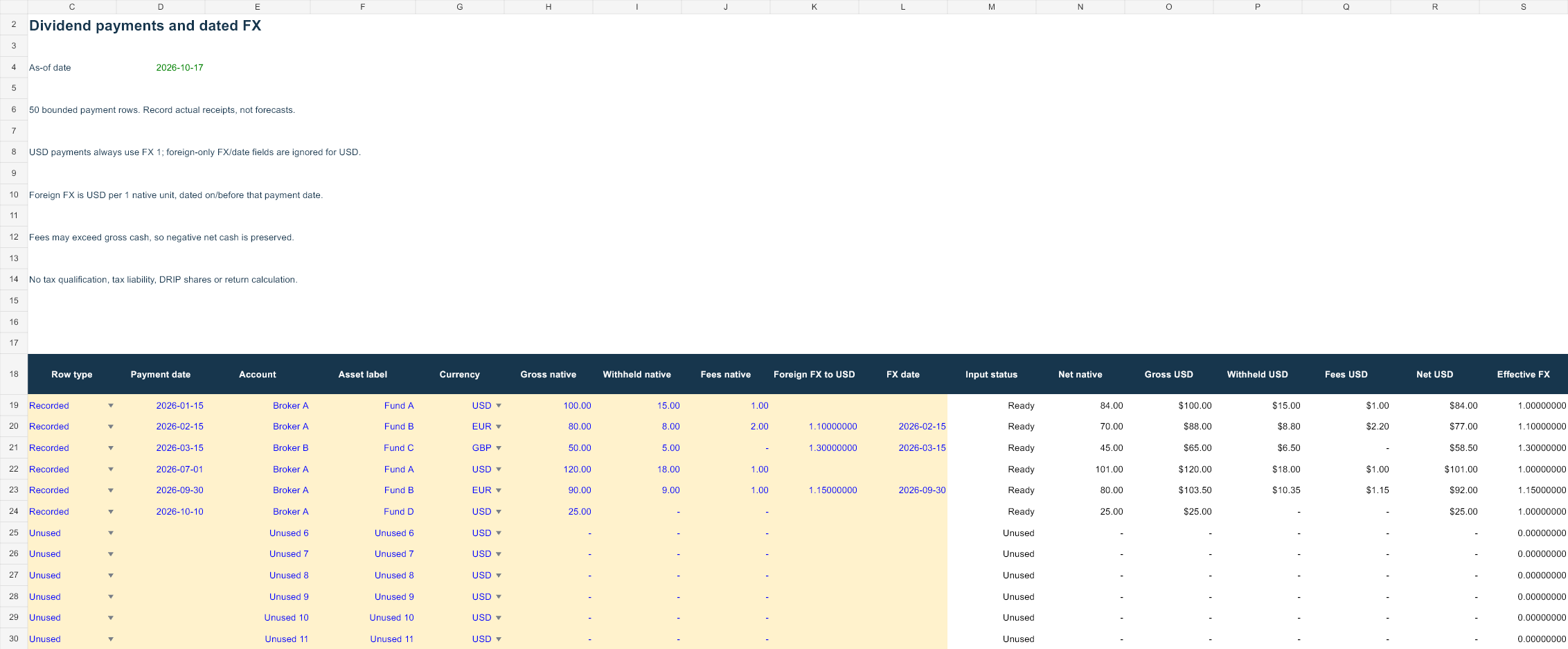 Dividend Tracker Spreadsheet for Excel Dividend log worksheet with invented amounts and explicit dates